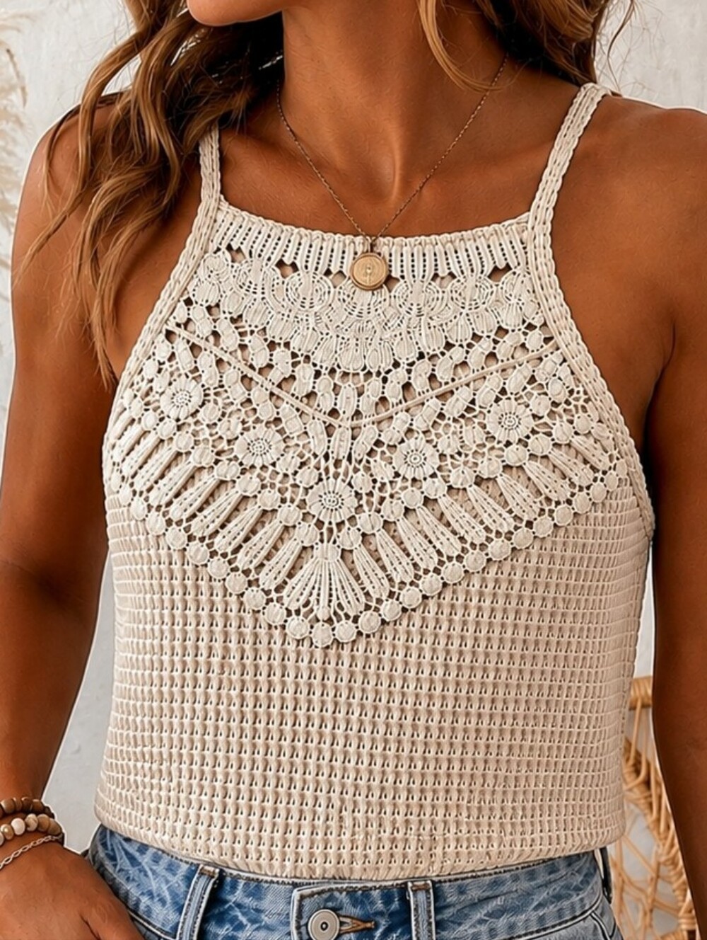 Crochet Knit Halter Tank Top in Beige Boho Cottegcore Size M